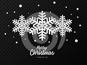Merry Christmas and Happy New Year lettering vector illustration with snowflake on black background paper art style